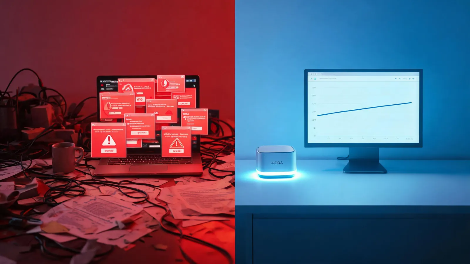 电脑跑AI的混乱场景 vs 铠盒AIBOX的稳定运行