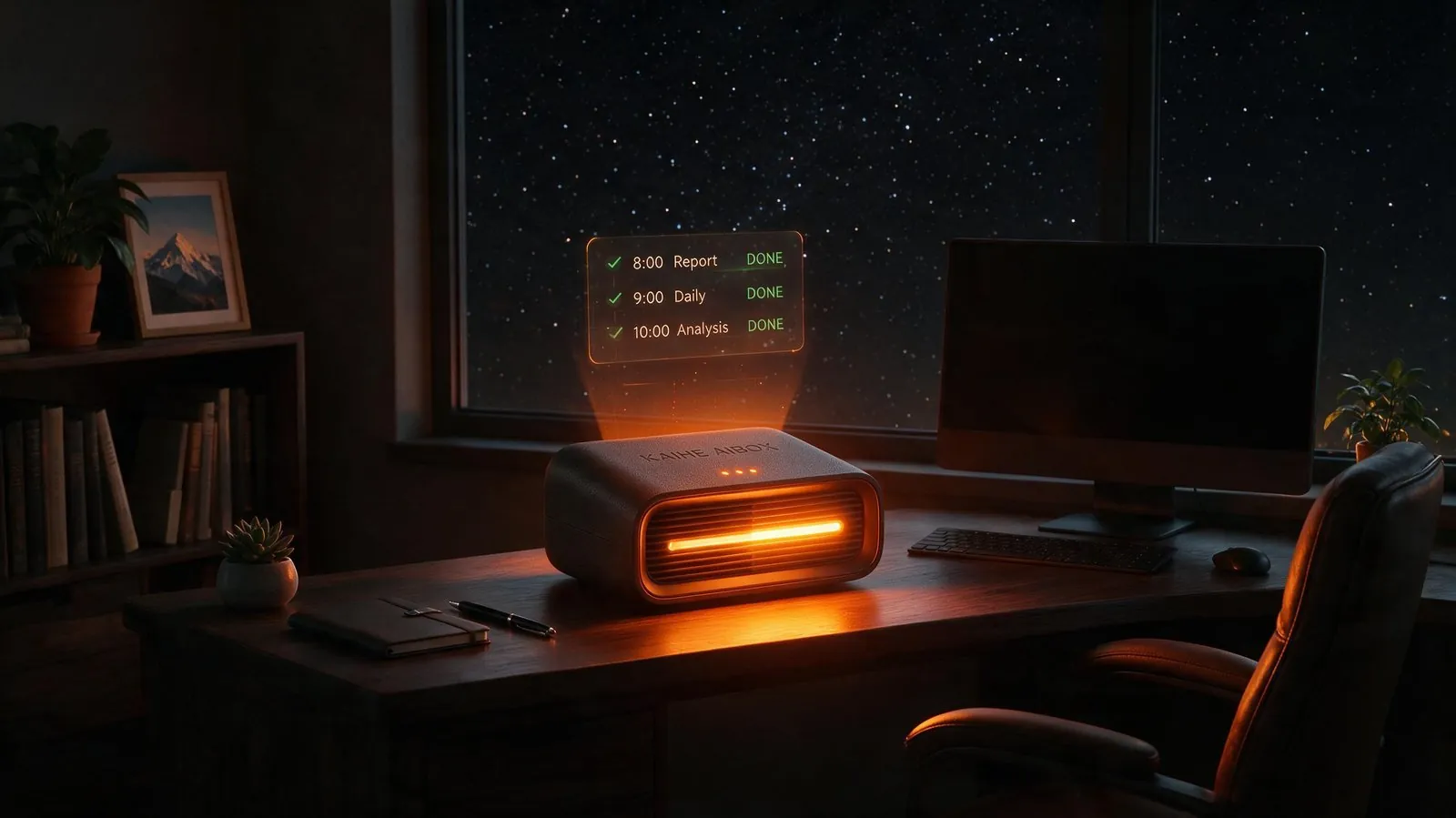 夜晚AI自动运行，任务计划悬浮在铠盒AIBOX上方