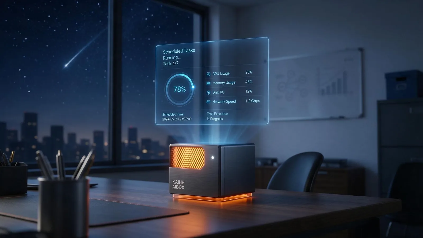 3D rendered night scene with KAIHE AIBOX mini PC running autonomously in dark office, warm orange glow, scheduled task h