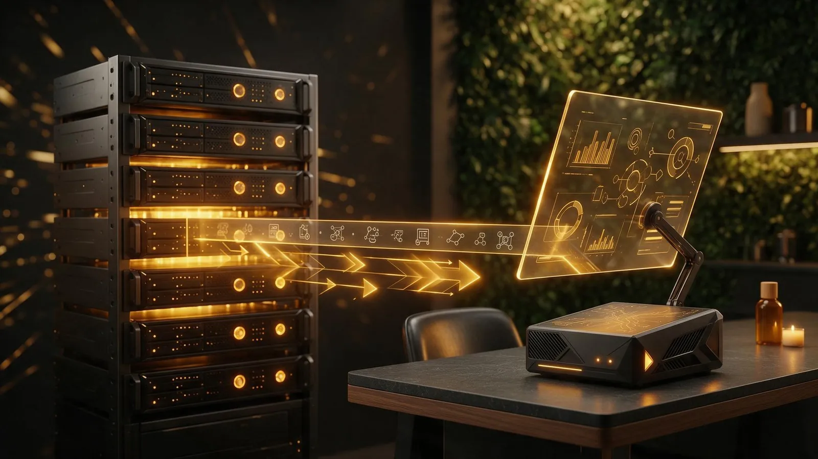 A 3D rendered comparison scene: left side shows a large cloud server cluster with API connection lines, right side shows