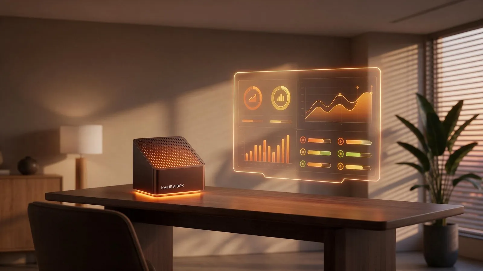3D rendered modern office workspace with KAIHE AIBOX mini PC on desk glowing warm orange, holographic screen showing Exc