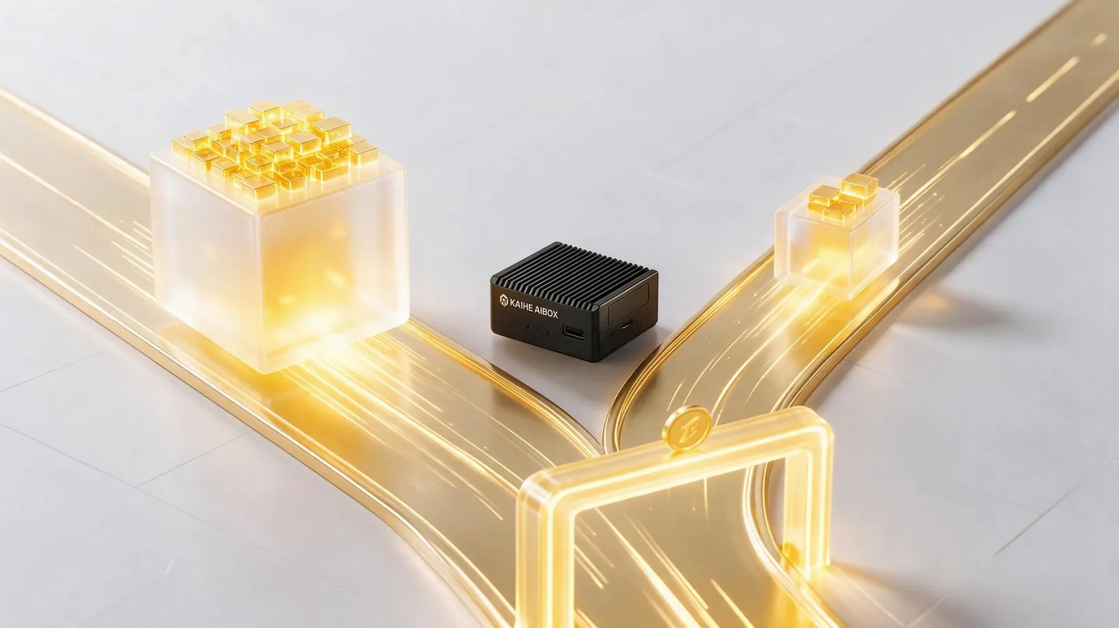 铠盒AIBOX迷你主机置于两条发光金色赛道之间 搭配发光金块造型营造科技创意氛围